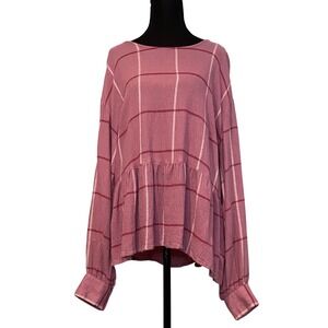 Dip Plaid Peplum Blouse Long Sleeve Button Front Women's Size L‎